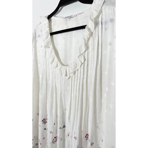 Ellis & Dewey Women's White V Neck Blouse Ruffle Neck Heart Embossed Embroidered - Picture 3 of 9